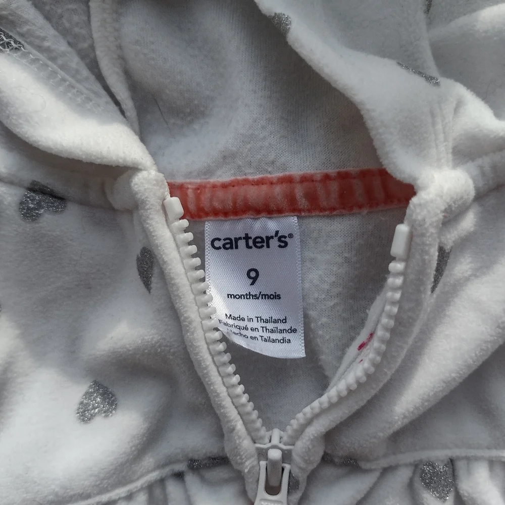X) Carter’s Baby Girl Outfit 9M White Heart Hoodie Jacket Pink Pants Set 2 Piece